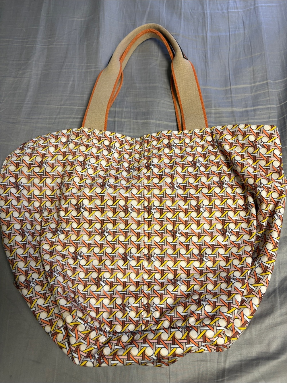 Tory Burch Orange Multicolor Geometric Tote with Tan Logo Patch - Picture 2 of 3